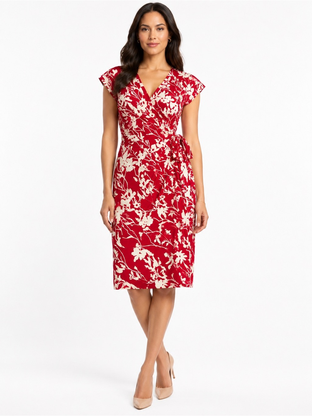 Maggy London Red Ivory Floral Faux Wrap Dress NWT Size 12 Midi Cocktail